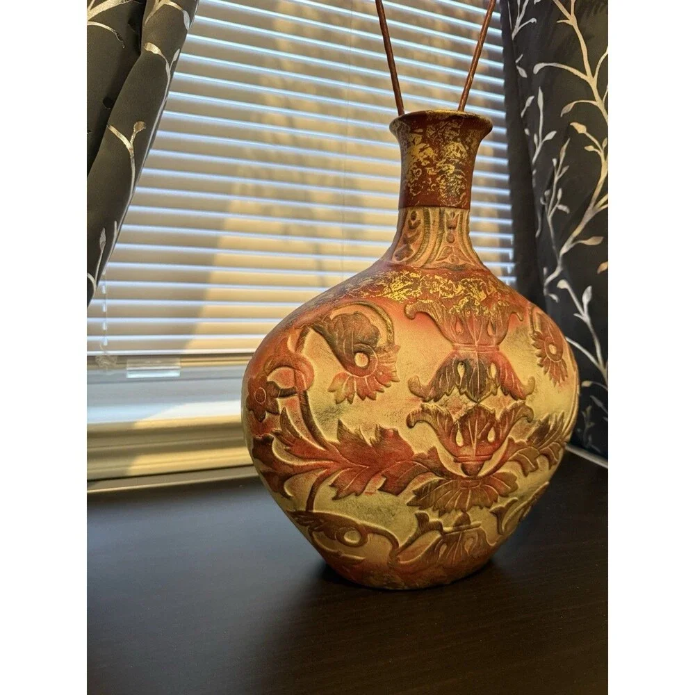 Glazed Vase Home Decore 1970 Art Pottery Handcrafted Painted Burgundy 17” H